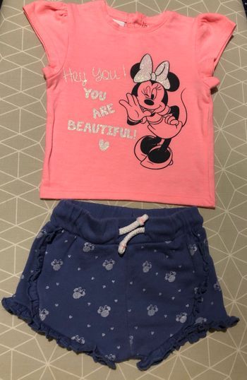 Ensemble t-shirt rose corail et short bleu Minnie 3 mois Disney