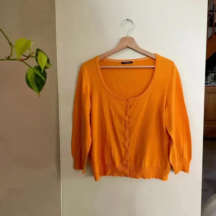 Gilet fin orange Promod T38-40, col rond, manches 3/4, maille légère boutonnée V030 - photo numéro 9