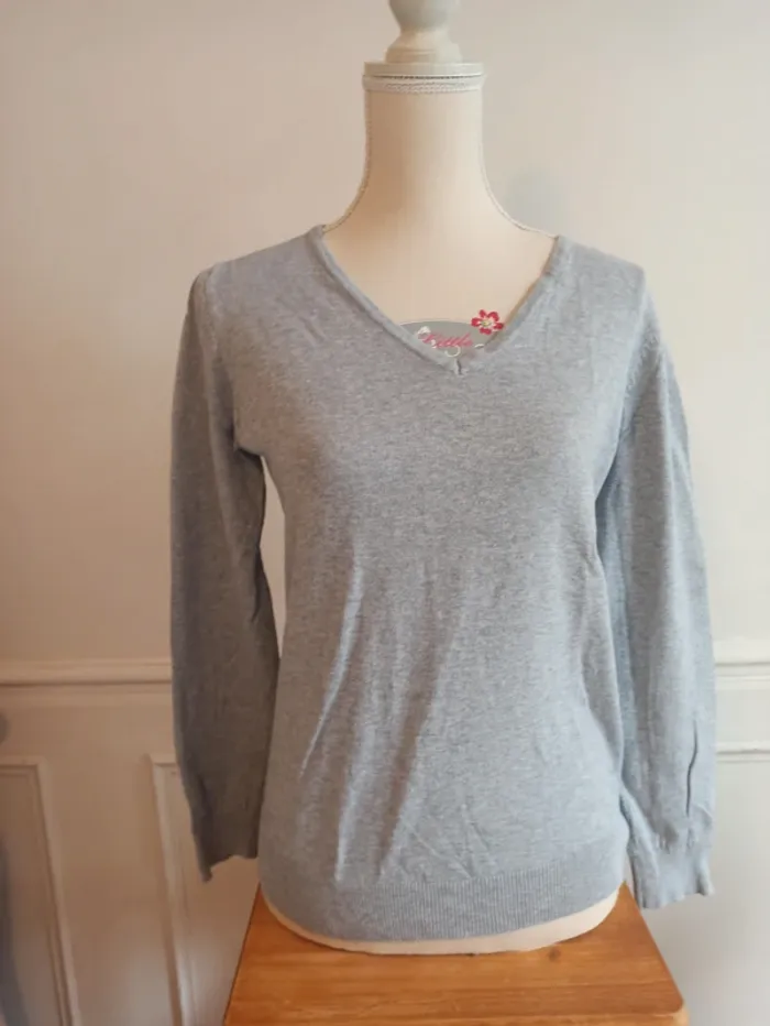 Pull V gris clair uni T M /L