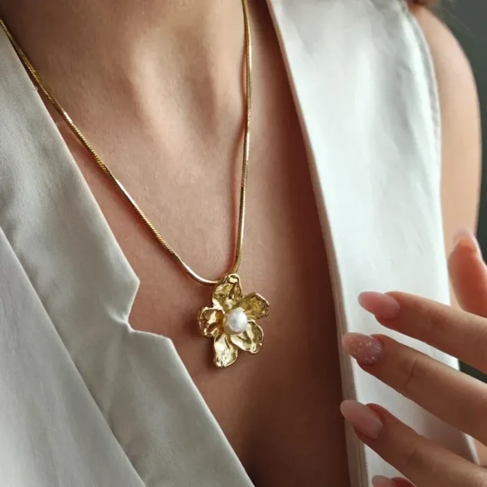 Ensemble Collier & Bague Fleur avec Perle – Élégance Florale et Intemporelle - photo numéro 2