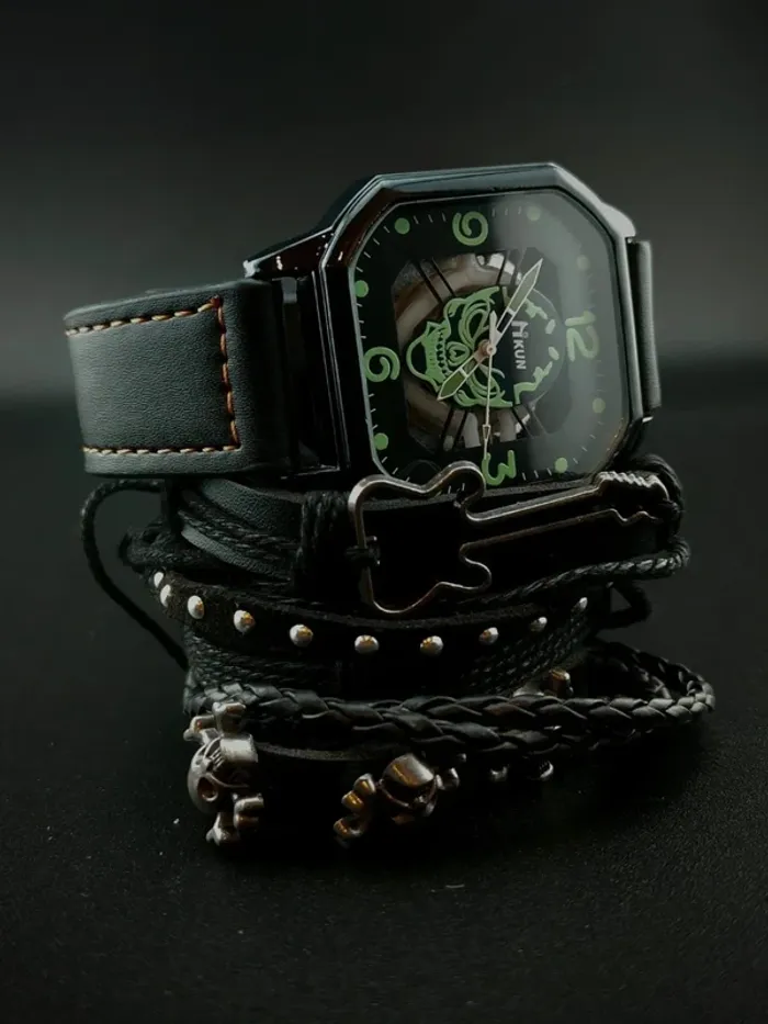 Montre hexagonale style rock, quatre bracelets