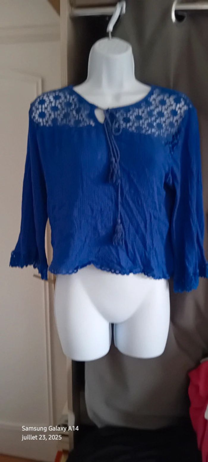 Blouse courte manches pagodes avec dentelle tissus plissé lien à pampilles bleu femme L - photo numéro 9