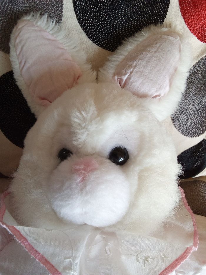 Peluche doudou lapin rose et blanc vintage ancien  bicolore rayure rayé en posture debout col dentelle blanc yeux durs en plastique pupille noir contour transparent  gris  foncé  tâches roses en photos  sinon très propre  modèle pas récent les jouets qui  - photo numéro 4