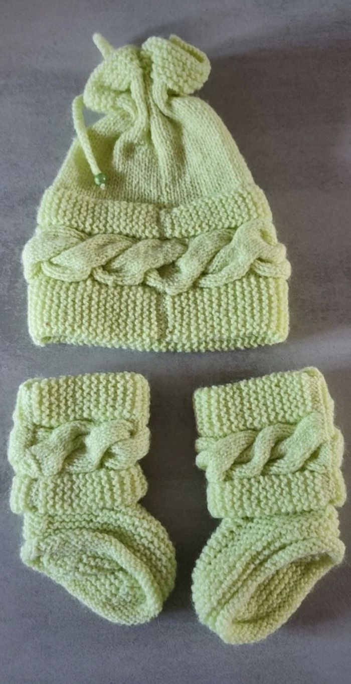 Ensemble bonnet et chausson vert taille 1-6 mois - photo numéro 3