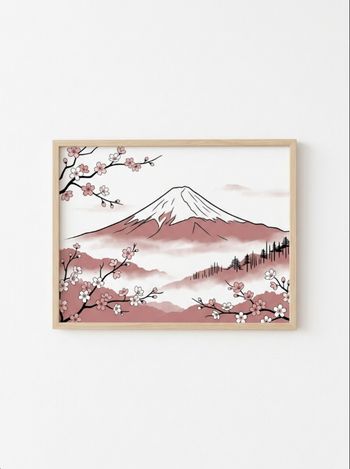 Tableau Décoration  avec cadre Zen Mont Fuji & Cerisiers Japonais - Déco Chambre Enfant / Bébé
