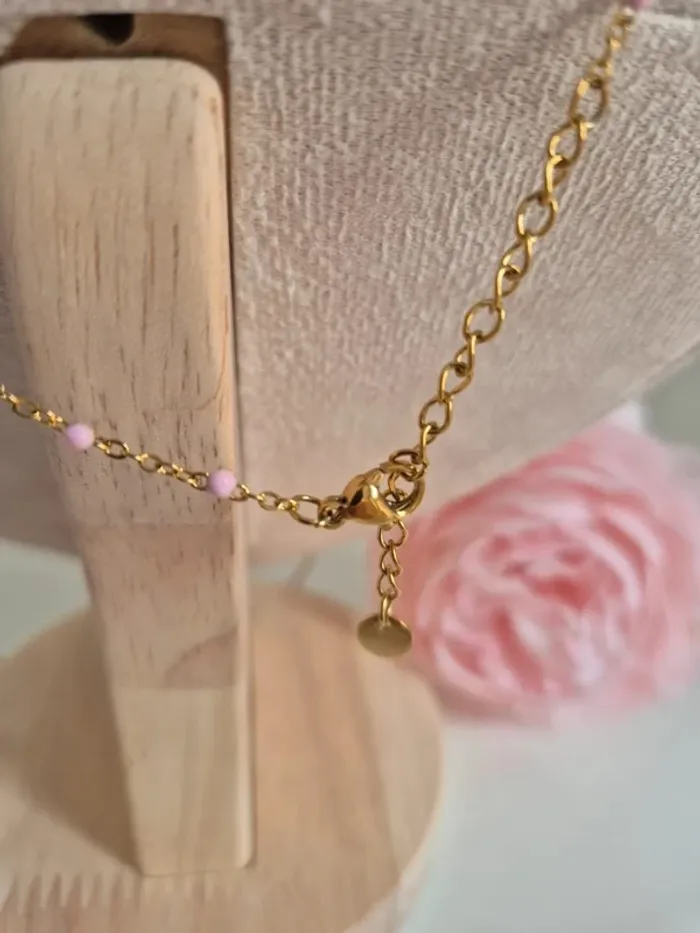 Parure de 2 bijoux : en acier inoxydable collier long et bracelet perles rose clair - photo numéro 5