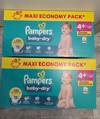 🍼 Pampers Baby-Dry T4+ Lot de 2 × 98 couches (10–15 kg)
