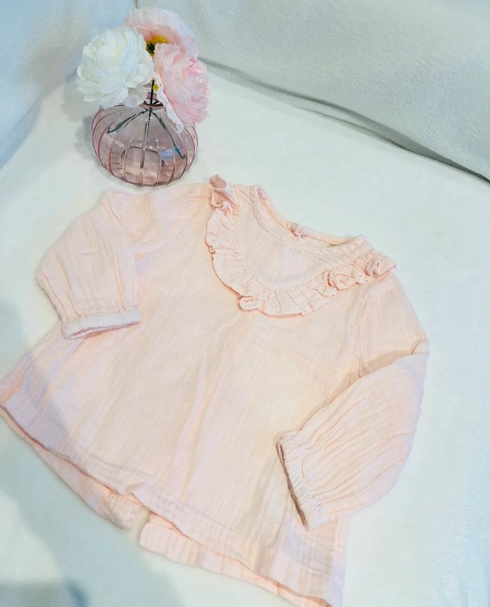 Chemisier manche longue rose clair avec petit col Les petits cailloux 9 mois 71cm - photo numéro 2