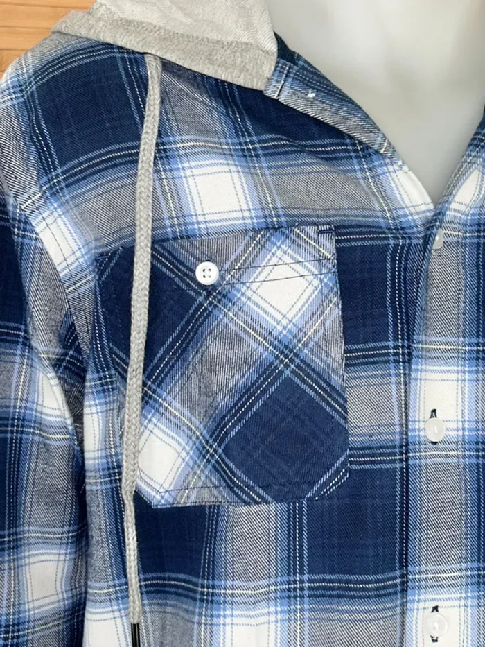 Chemise-veste en flanelle à capuche pour homme taille S Bleu gris et blanc - photo numéro 3