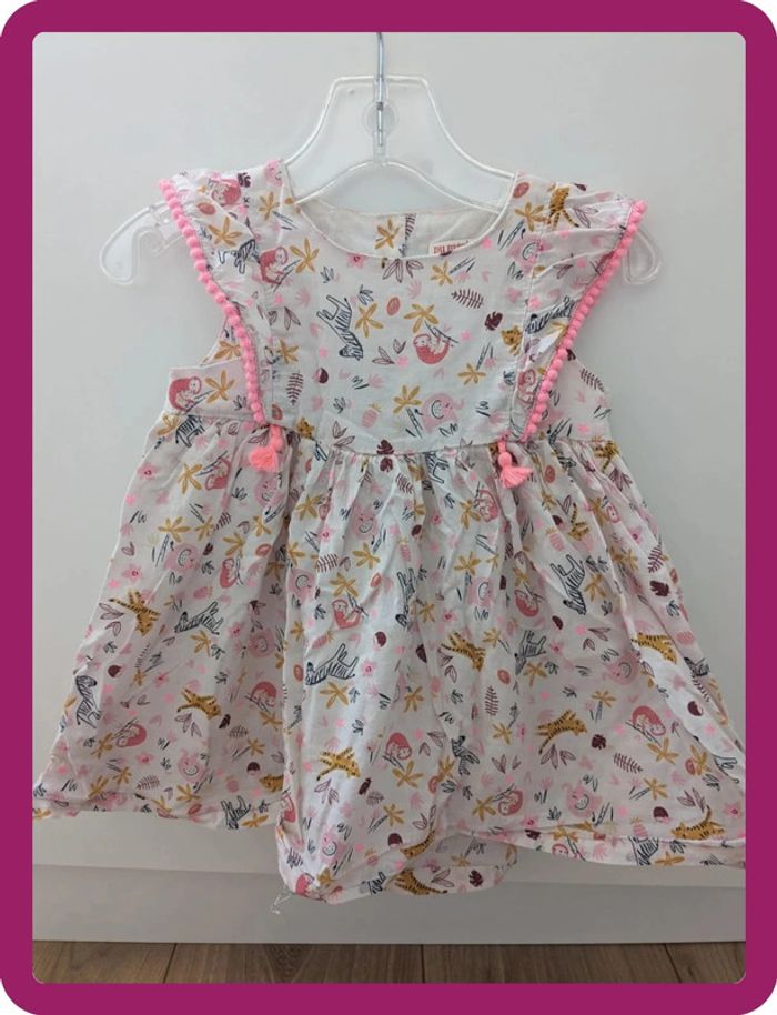 Robe DPAM Taille 12 mois plage fêtes animaux savane avec pompons.