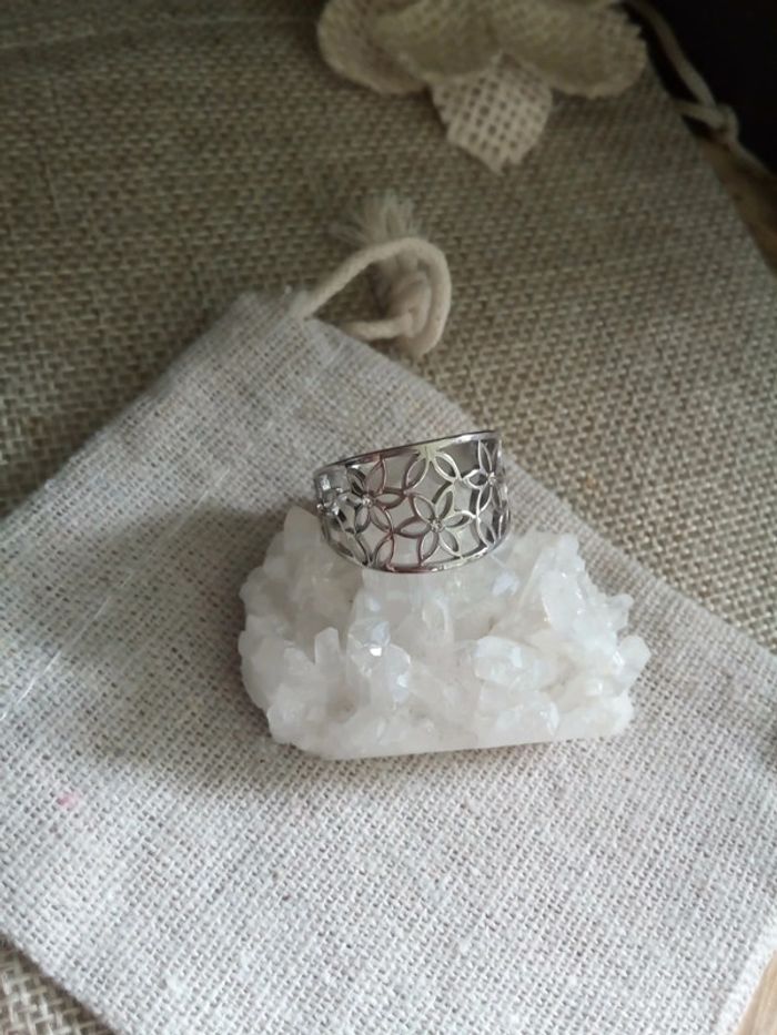Bague bohème fleur zircons acier inoxydable argenté
