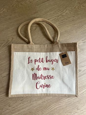 Vends sac cabas toile de jute personnalisé maîtresse Carine