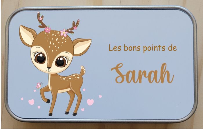 Boîte à bons points personnalisée prénom - Faon fleuri - Boîte métal 10x6 cm - Cadeau fille école maternelle ou CP