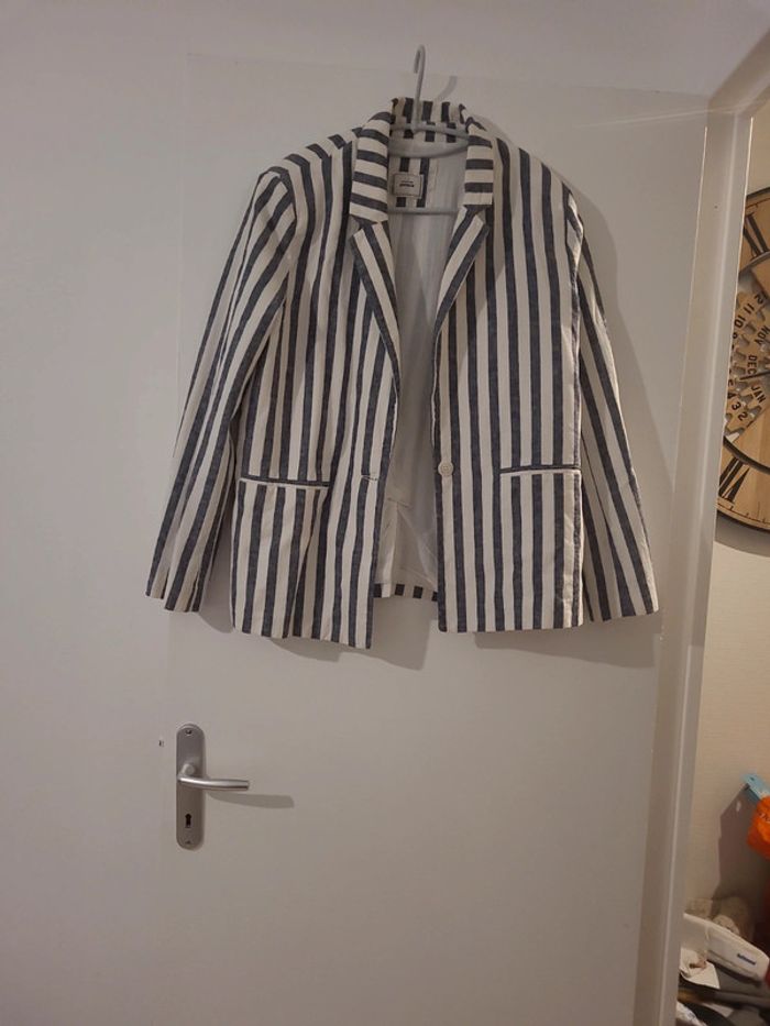 Blazer femme veste tailleur bleu rayure blanche lin et cotonT42 TBE Pimkie