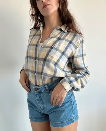 Chemise vintage à carreaux bleu et jaune en coton taille S/M
