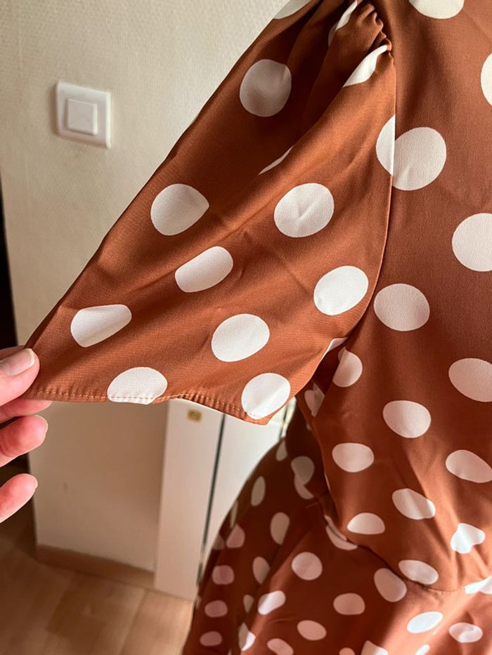 Jolie robe chic mi-saison marron à pois blancs T. L femme neuve avec étiquette - photo numéro 6