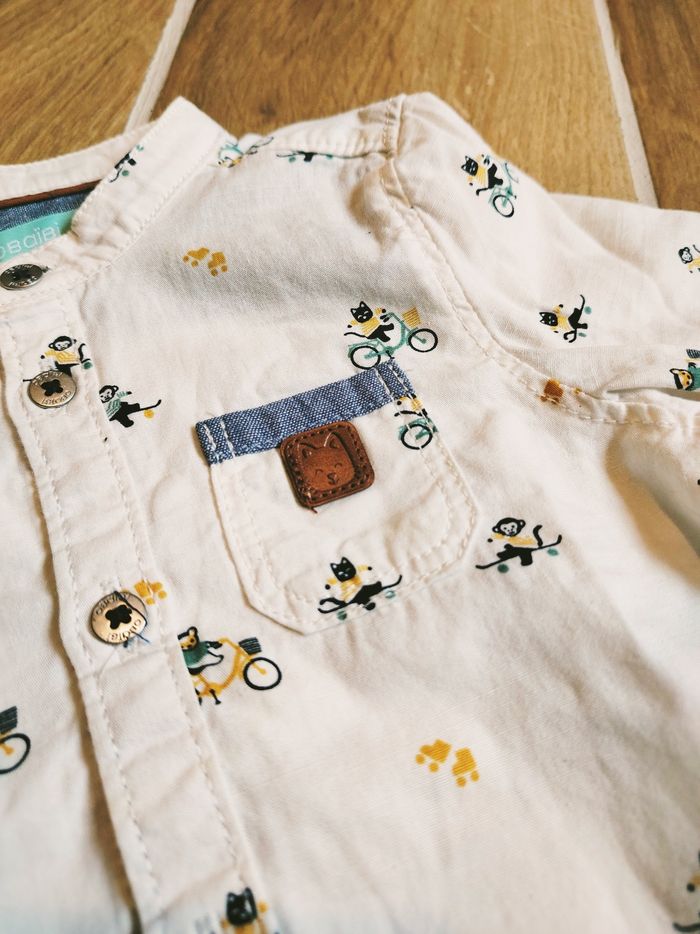 🐵Obaïbi/Okaidi - Ensemble Pantalon molletonné beige et chemise motifs chats et singes -taille 6mois - photo numéro 8