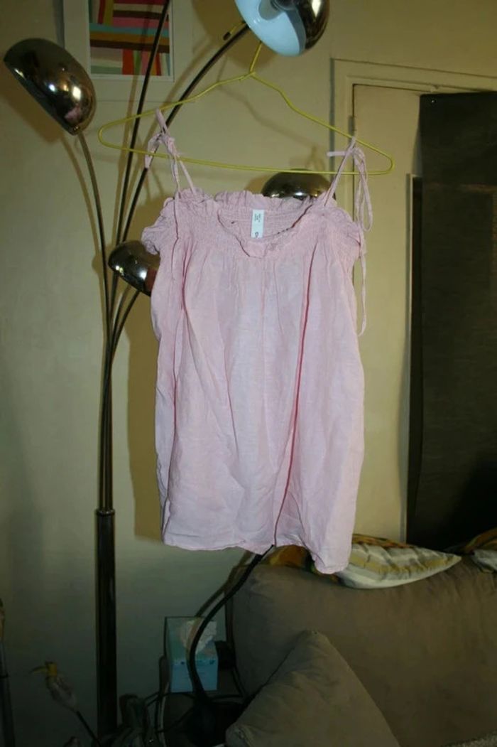 🌸Top à bretelles lin rose pâle évasé Taille 38 "Mango" Neuf 🌸