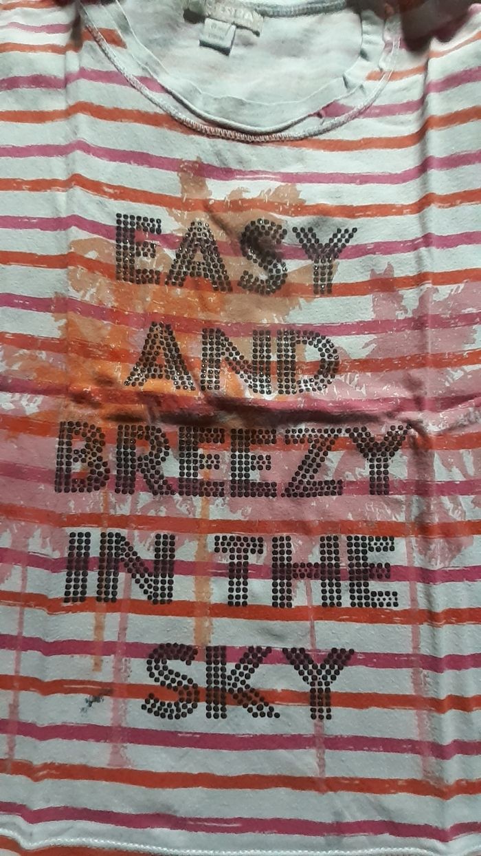 Tee-shirt blanc rayé orange écriture strass noir - photo numéro 2