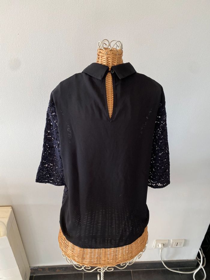 Blouse tee shirt style chemise Camaïeu à dentelle noir et marine taille 38 - photo numéro 7