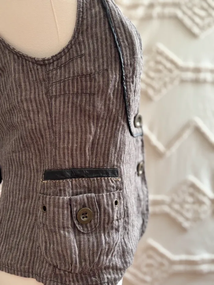 Gilet vintage rayé style utilitaire – vrai vintage – Taille 36 – Détails effet cuir, pièce rare ! - photo numéro 5