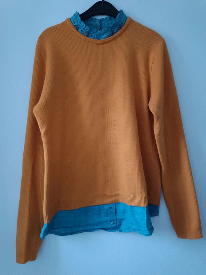 Magnifique pull chemise ocre avec strass - taille M - Neuf - photo numéro 2