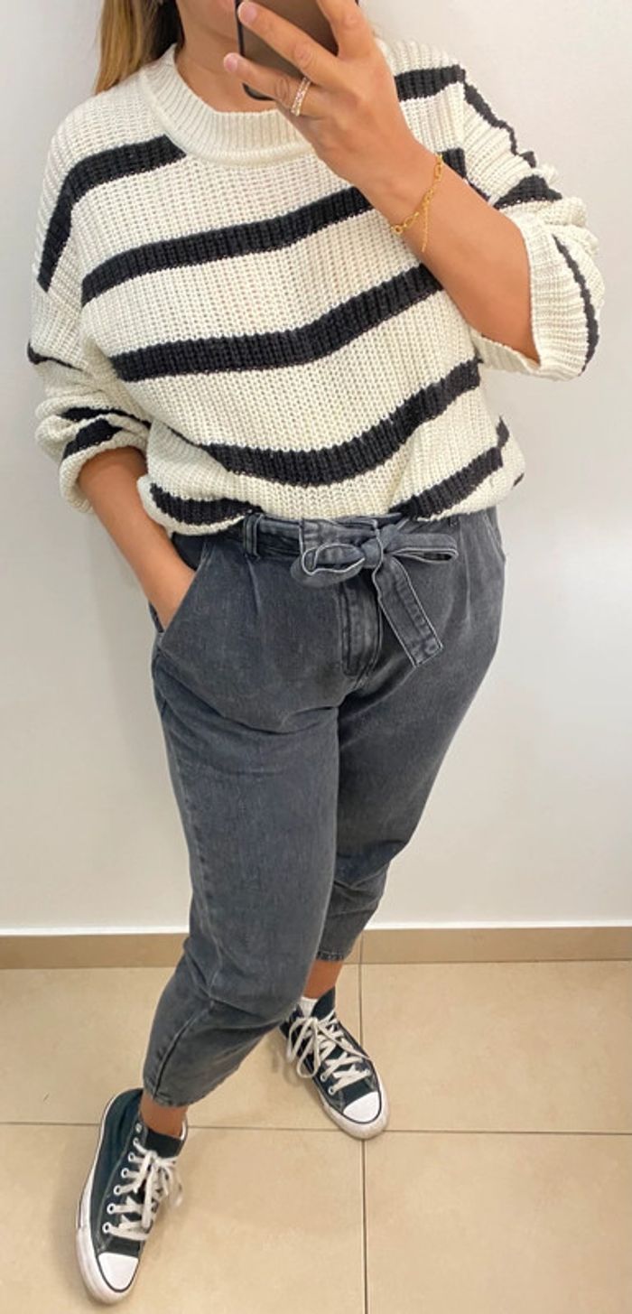 Superbe Pull Ample Crème A Rayures Taille M Et Plus - photo numéro 5