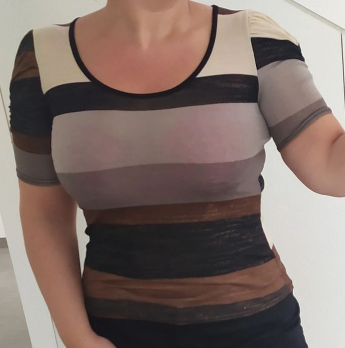 T-shirt manches courtes femme noire marron et beige taille L Kiabi