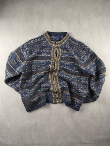 Cardigan Vintage Eagle's Eye Ethnique Nordique Norvégien jacquard 100% Laine TBE