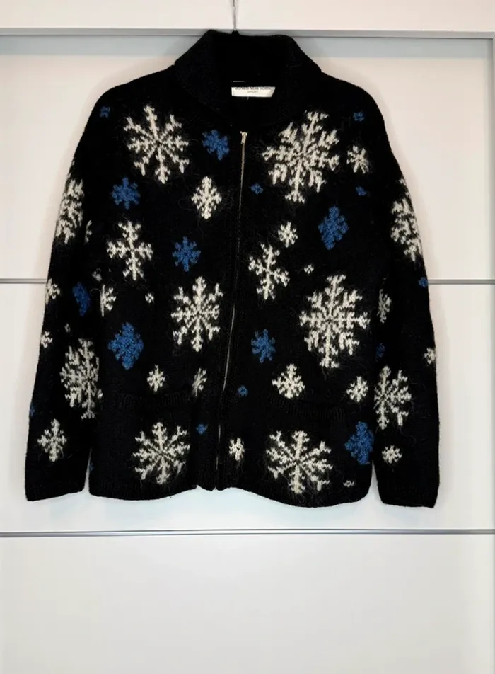 Jones New York Sport Hand Knit Wool Snowflakes Black Sweater Zipper Cardigan Size M-L - photo numéro 3