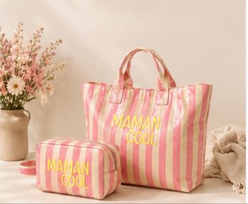 Sac  et trousse rose et crème Maman Cool 