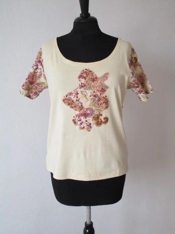 T-shirt beige imprimé mauve Jac Jac 40 NEUF