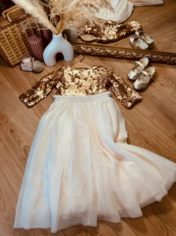 Taille 3-4 ans robe longue créateur fille TAO crème bronze * sequins tulle * 🌸