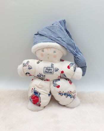Ancien doudou poupée tissu lutin blanc Tartine et Chocolat bonnet vichy carreaux bleu blanc poule ca