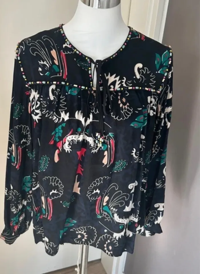 Bel air blouse bohème, chic, imprimé ethnique, 100 % soie femme, taille 2/38
