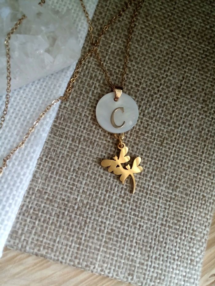Collier lettre prénom C n'acre et libellules en acier inoxydable
