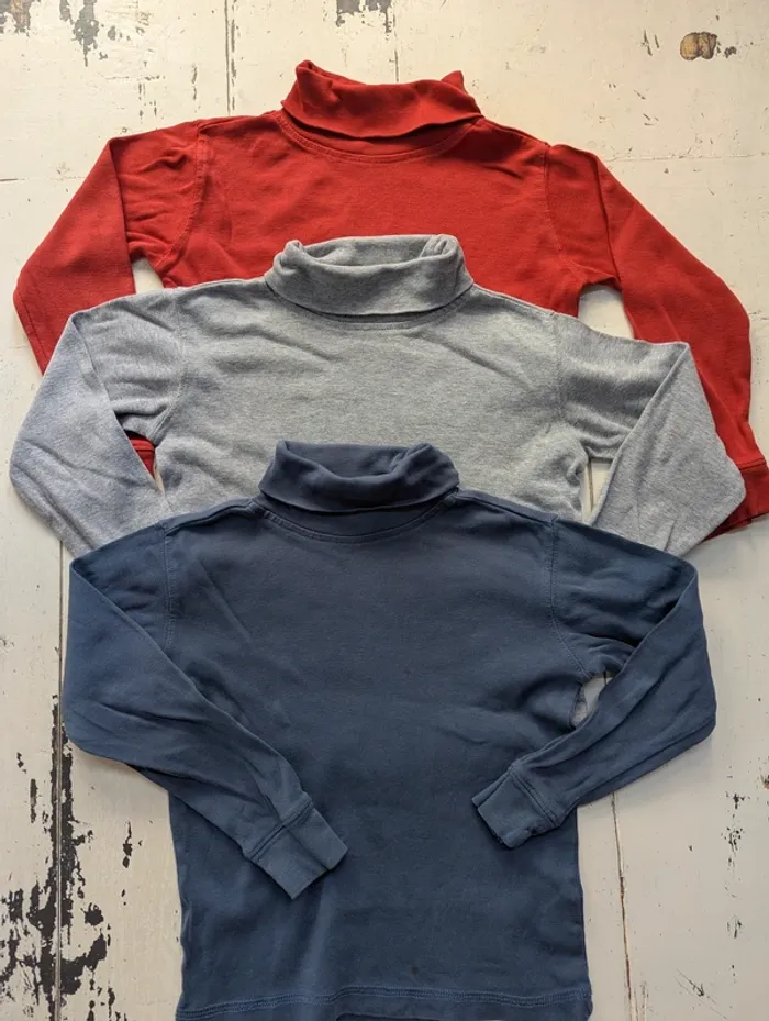 Lot de 3 cols roulés enfant Tex – rouge, gris & bleu marine – taille 4-5 ans
