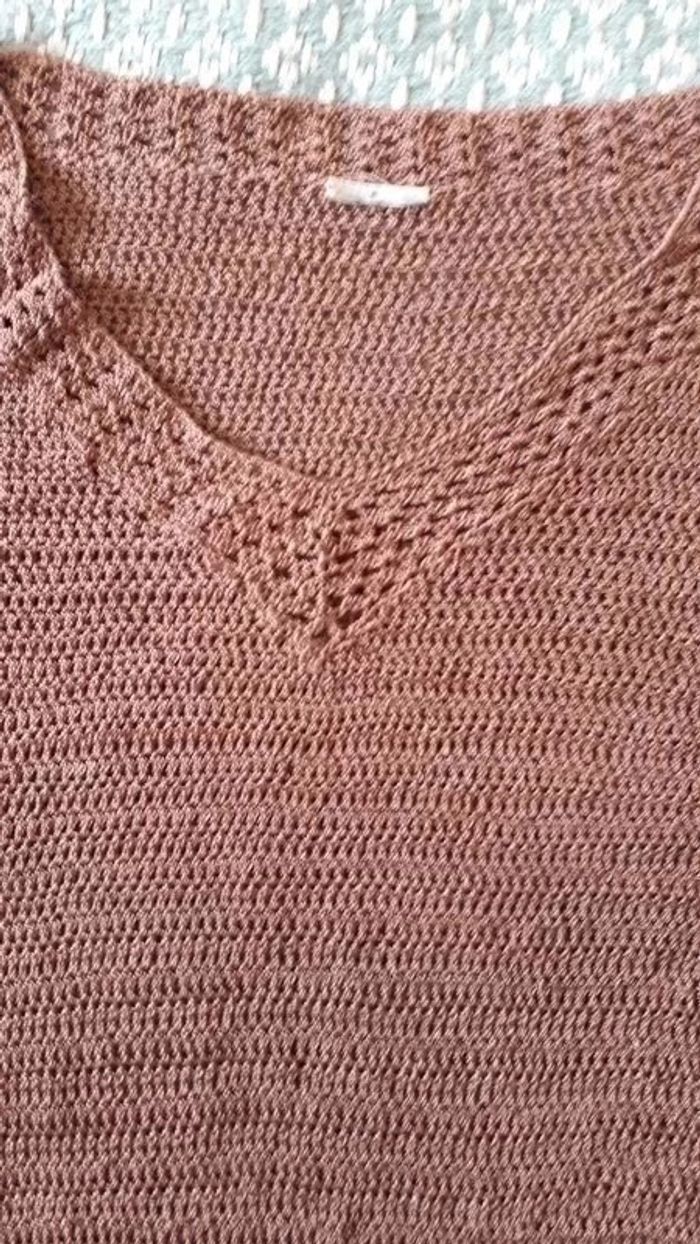 Pull marron vintage au crochet col V taille 38 - photo numéro 2