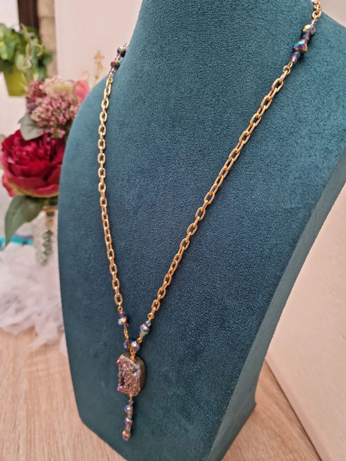 Collier Doré Pierre Agate Perles Cristal Multicolore - photo numéro 5