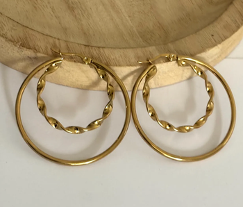 Créoles double rang simple et torsadée 45 mm dorées à l'or fin 14 carats