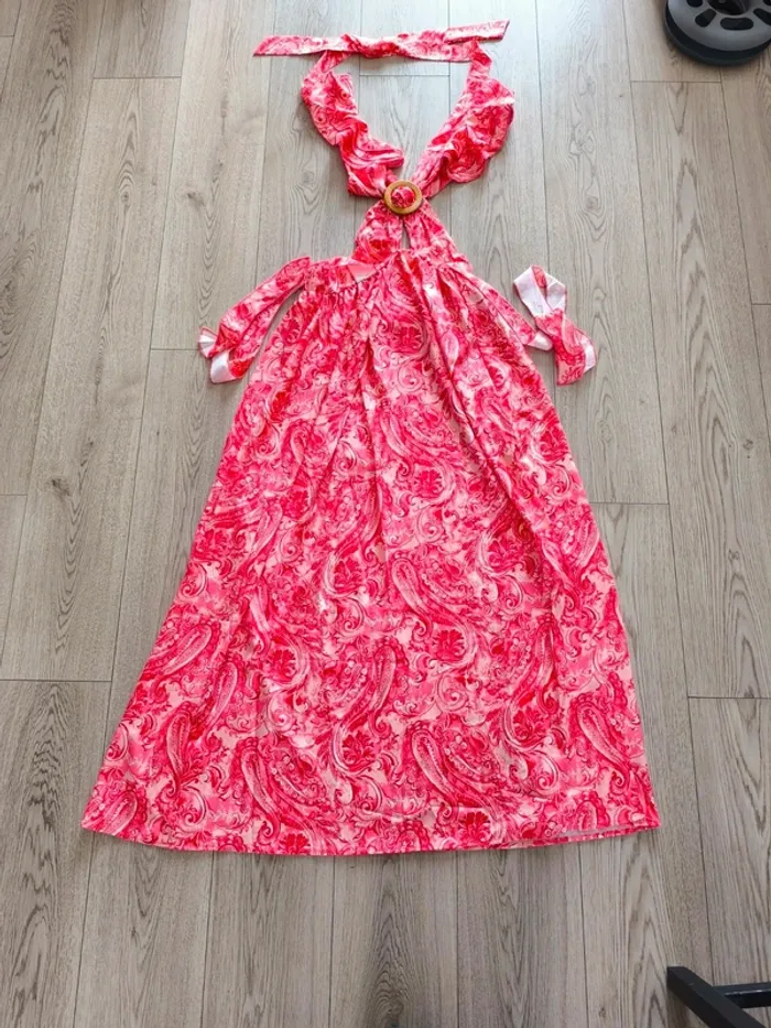 Robe longue fendue corail et beige femme XL