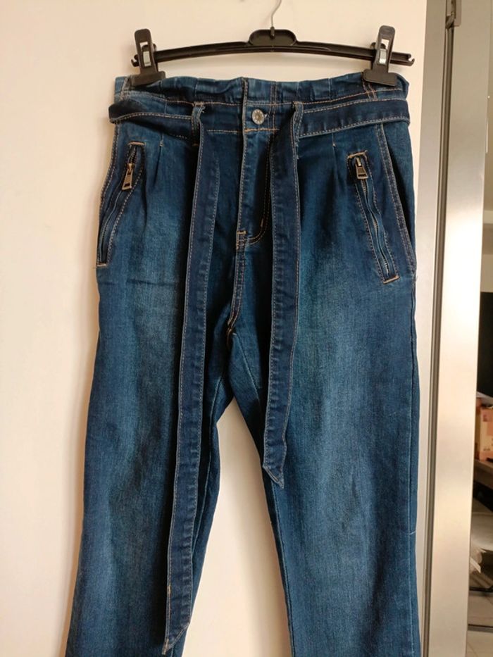 Jean taille haute avec ceinture assorti Denim - Taille S Convient M- Bleu marine - photo numéro 2
