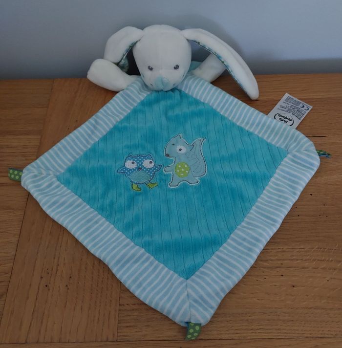 Doudou plat lapin bleu blanc rayé hibou écureuil - photo numéro 2