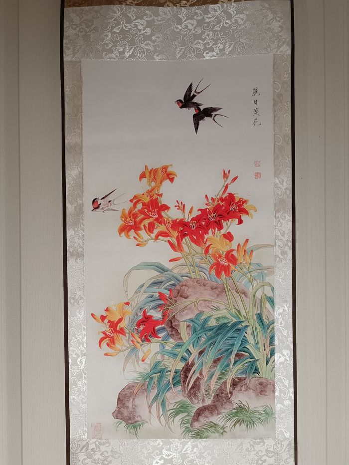 Print peinture hirondelle et fleurs lys en style Gong bi - photo numéro 2