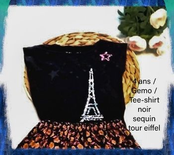4 ans gemo Tee-shirt noir avec sequin tour eiffel print été /excellent état