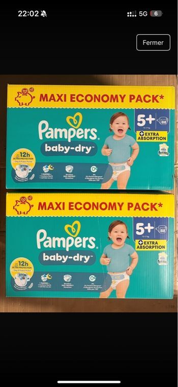 2 cartons de couches Pampers taille 5+