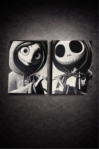 Lot de 2 tableaux Jack & Sally noir et blanc – toiles déco gothique 30x40 cm style Tim Burton