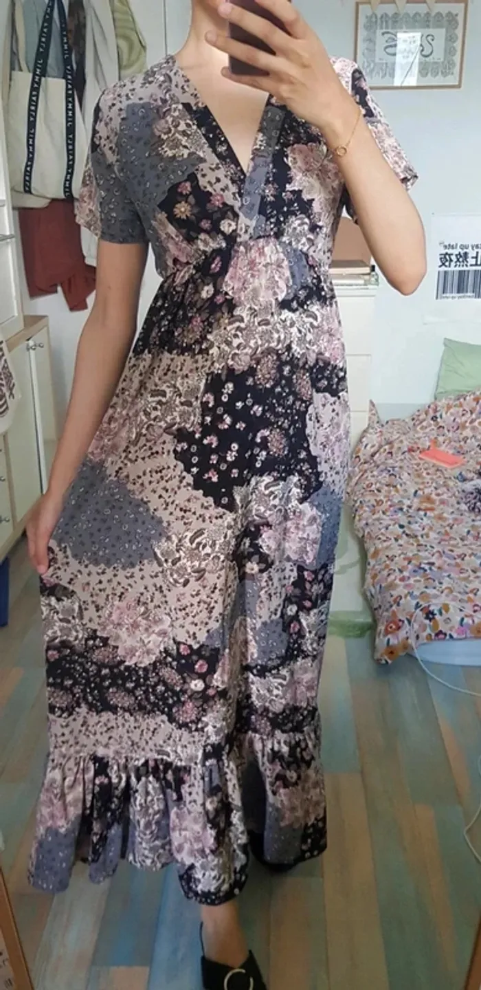 Robe longue patchwork fleurie marine beige rose TU - photo numéro 2