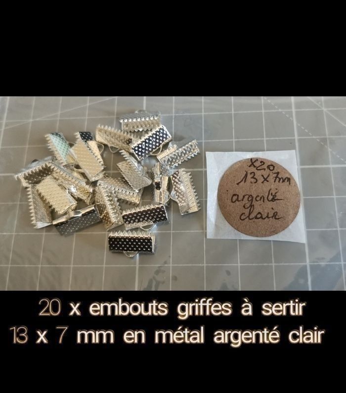 20 embouts griffes 13 x 7 mm à sertir en métal argenté clair