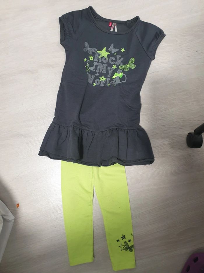 Ensemble fille 3 ans robe gris anthracite + legging vert pomme